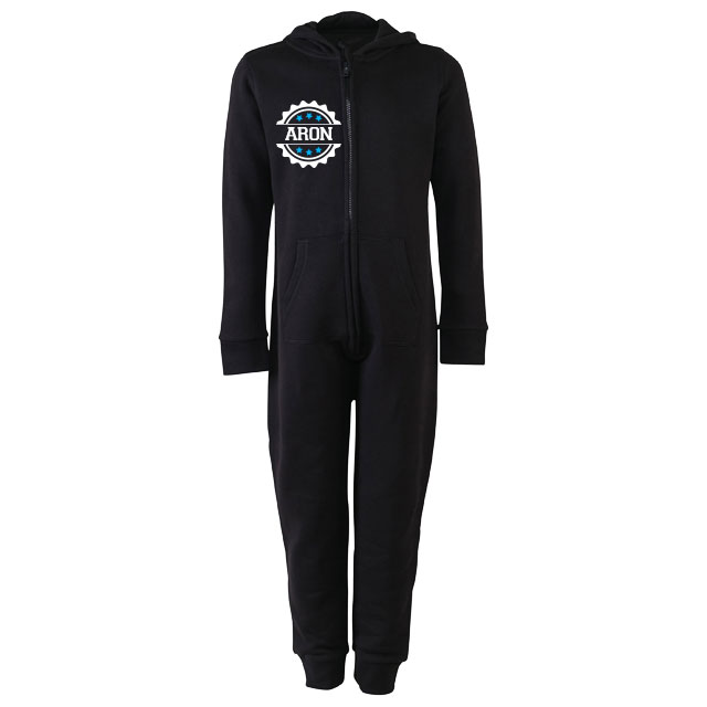 Junior onesie all in one met naam bedrukt zwart achter Onesie Zwart