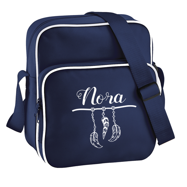 Schoudertas retro met je naam bedrukt navy Schoudertas met voorvak Navy