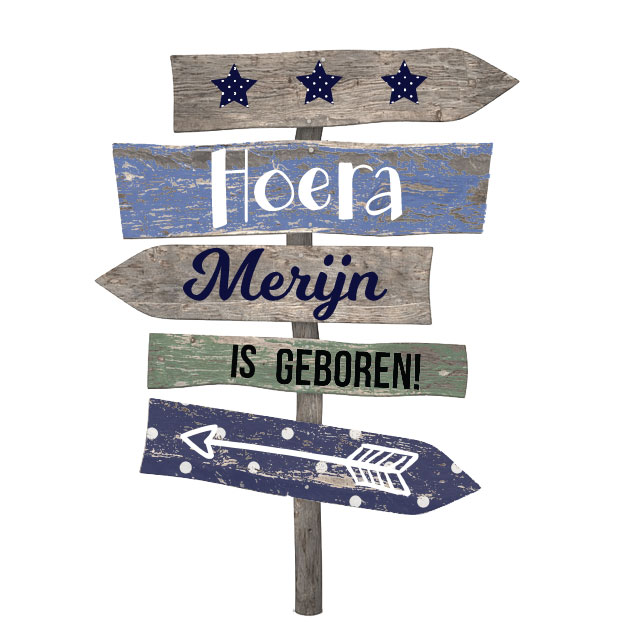 Kleuren geboorte raamsticker wegwijzer hout jongen 2 Geboortesticker Wegwijzer jongen
