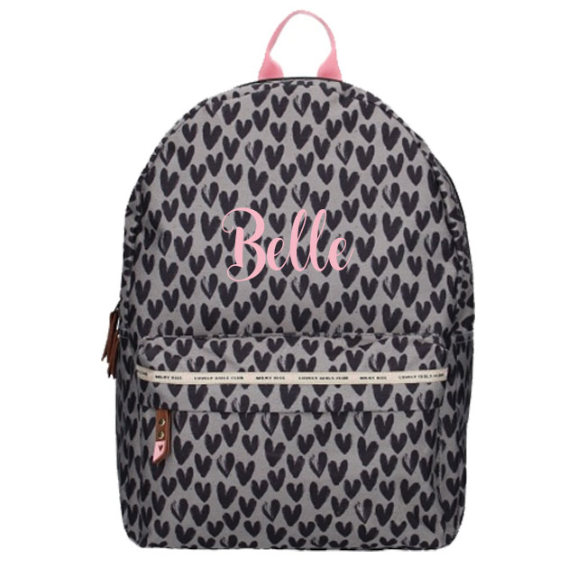 Label42-kidzroom-milky-kiss-lovely-girls-met-naam Hippe rugtas met hartjes, roze details en met je naam